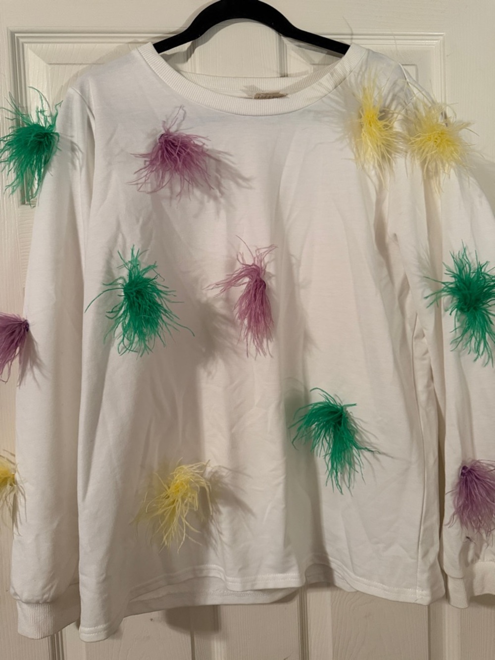 Mardi Gras White Long Sleeve Top with Colorful Feather Pom-Poms